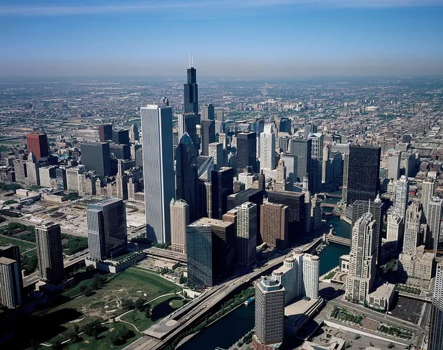 Aerial view of the downtown Chicago skyline and river
