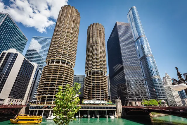 Marina City's corncob towers and Trump Tower from the Chicago River