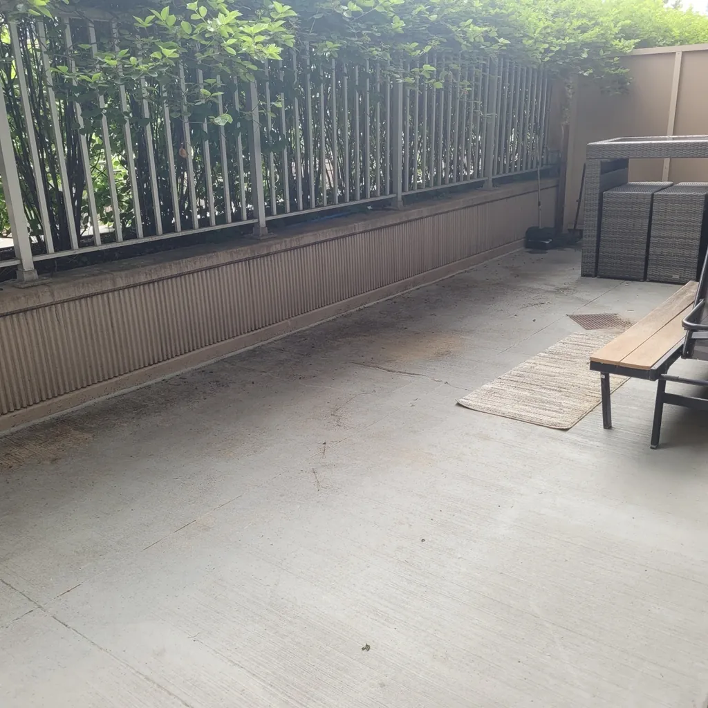 Unit W907 — the private terrace at full length: 35 ft × 10 ft (350 sq ft) of outdoor room at club-floor level